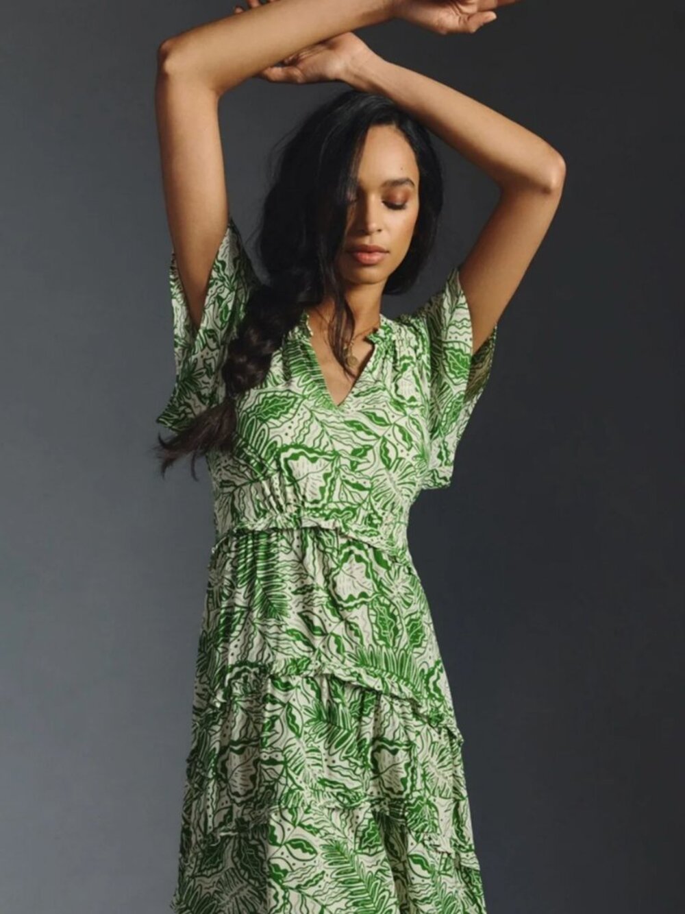 By Anthropologie Green Botanical Leaf Print Ruffle Dress Women's 2X
